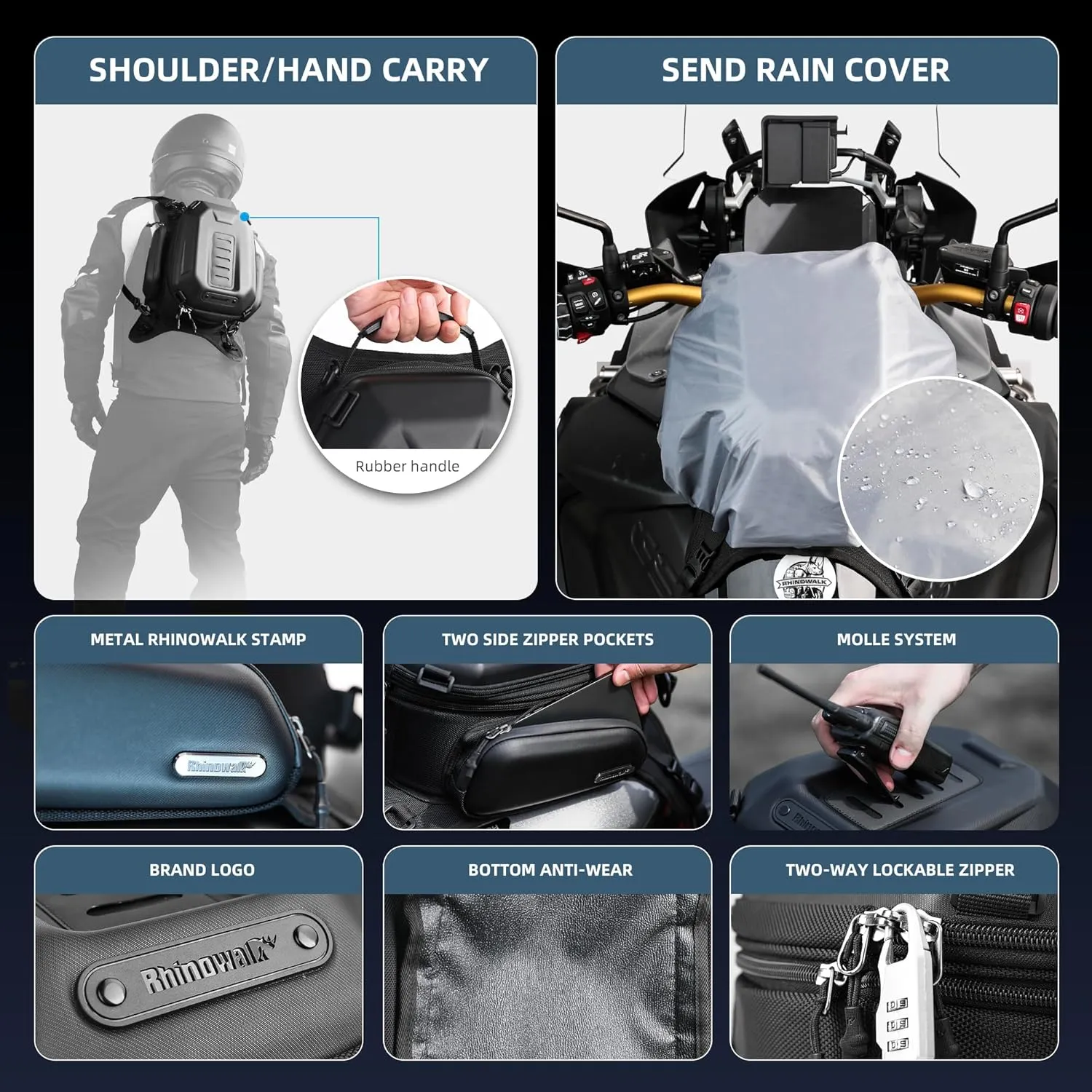 Motorcycle Tank Bag Waterproof Backpack Hard-shell Expandable Motorcycle Bags 15-18L Carbon Fiber Black