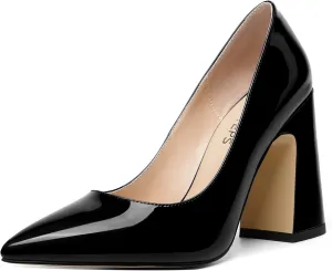 MOVINSTEPS Womens Party Slip On Dress Patent Pointed Toe Chunky High Heel Pumps Shoes 4 Inch
