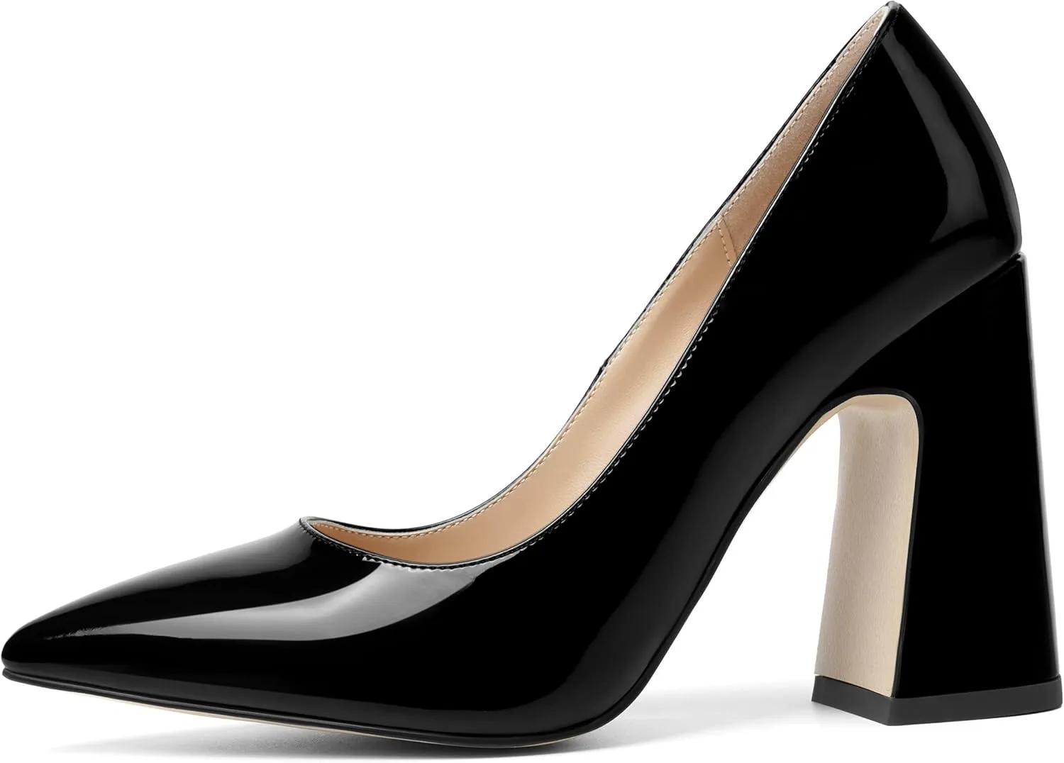 MOVINSTEPS Womens Party Slip On Dress Patent Pointed Toe Chunky High Heel Pumps Shoes 4 Inch