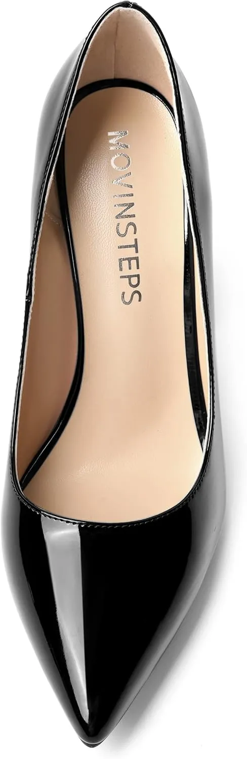 MOVINSTEPS Womens Party Slip On Dress Patent Pointed Toe Chunky High Heel Pumps Shoes 4 Inch