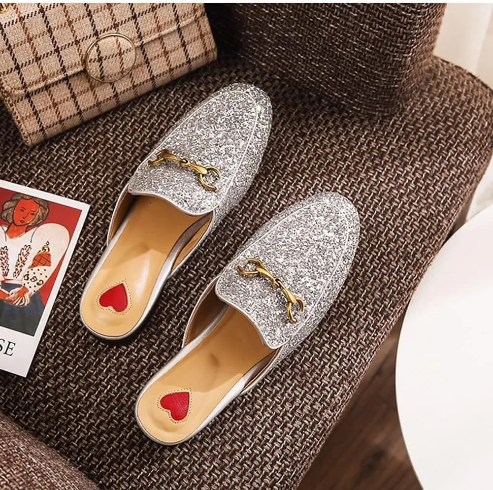 Mules for Women Comfort Slip On Leather Flats Closed Pointed Toe Slides with Metal Decoration Backless Loafers