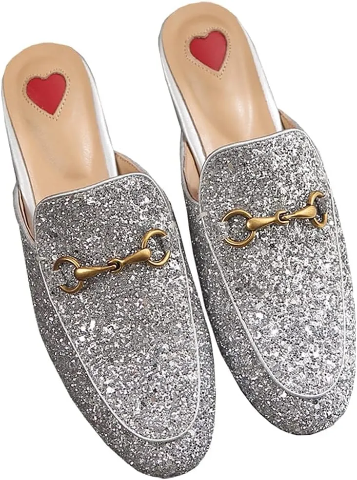 Mules for Women Comfort Slip On Leather Flats Closed Pointed Toe Slides with Metal Decoration Backless Loafers