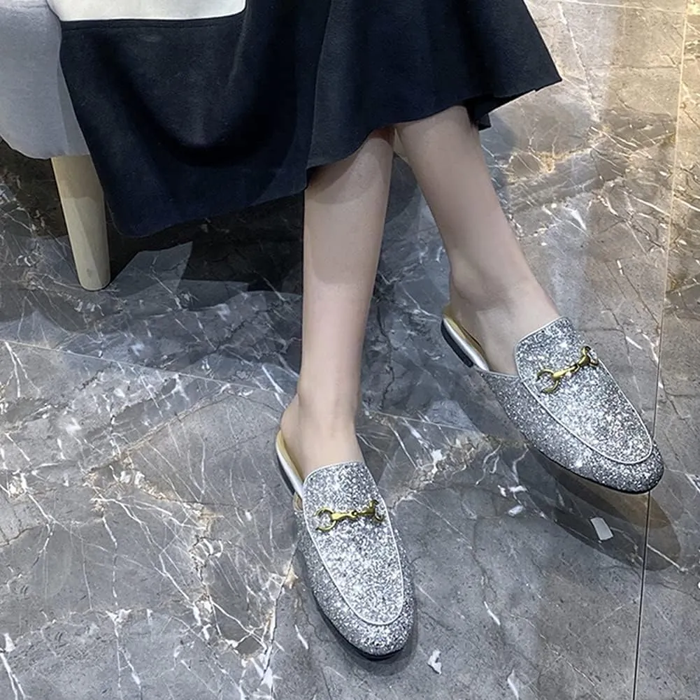 Mules for Women Comfort Slip On Leather Flats Closed Pointed Toe Slides with Metal Decoration Backless Loafers