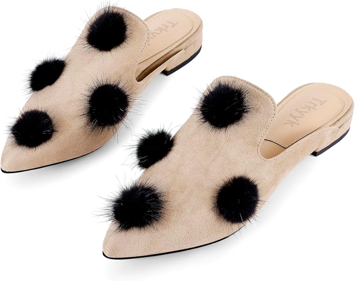 Mules for Women Pointed Toe Comfortable Flats Backless Loafers with Pom Poms