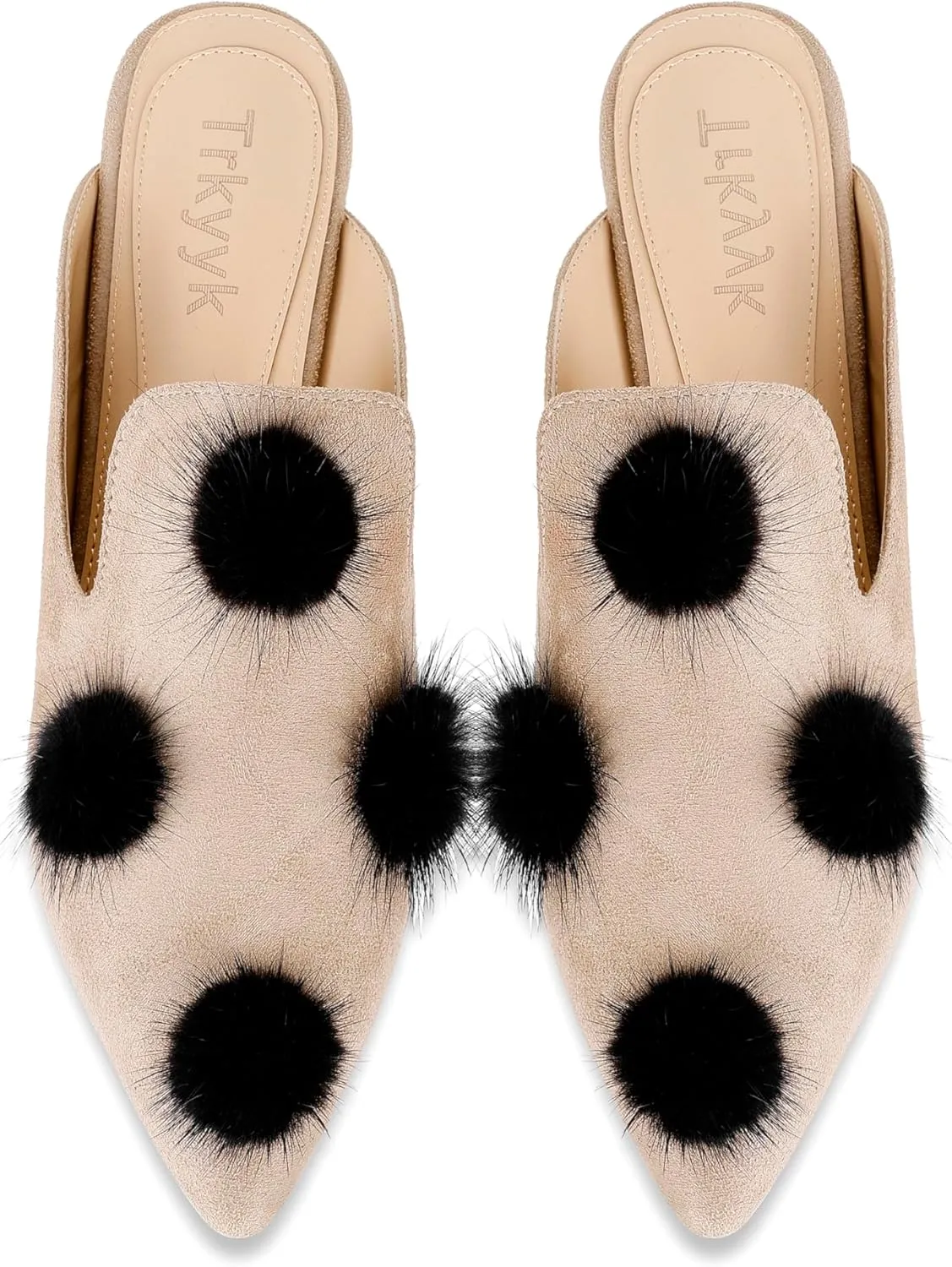 Mules for Women Pointed Toe Comfortable Flats Backless Loafers with Pom Poms