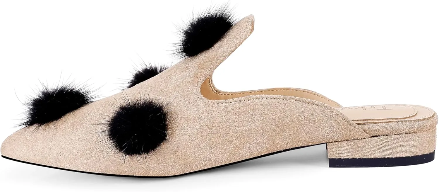 Mules for Women Pointed Toe Comfortable Flats Backless Loafers with Pom Poms