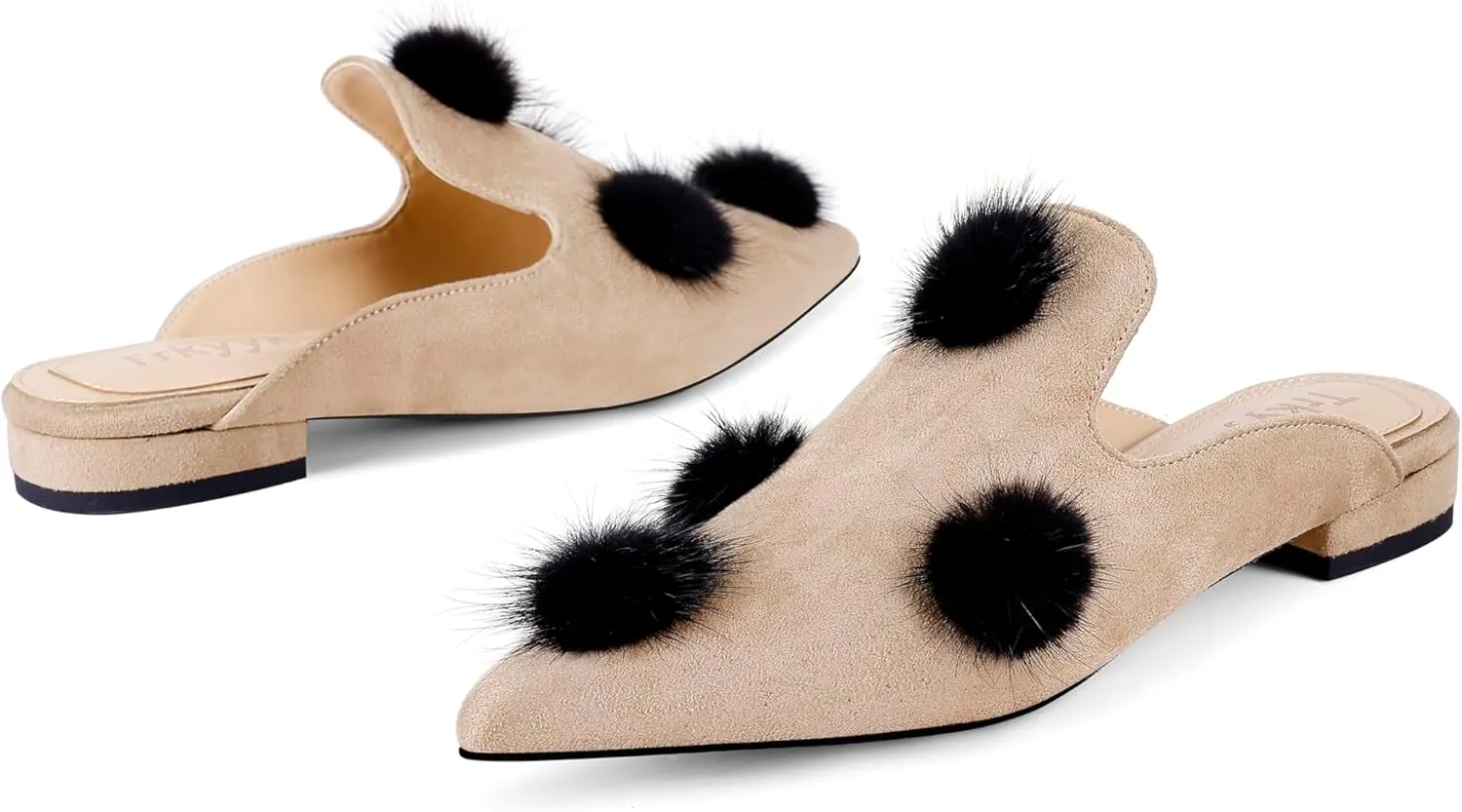 Mules for Women Pointed Toe Comfortable Flats Backless Loafers with Pom Poms