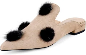 Mules for Women Pointed Toe Comfortable Flats Backless Loafers with Pom Poms