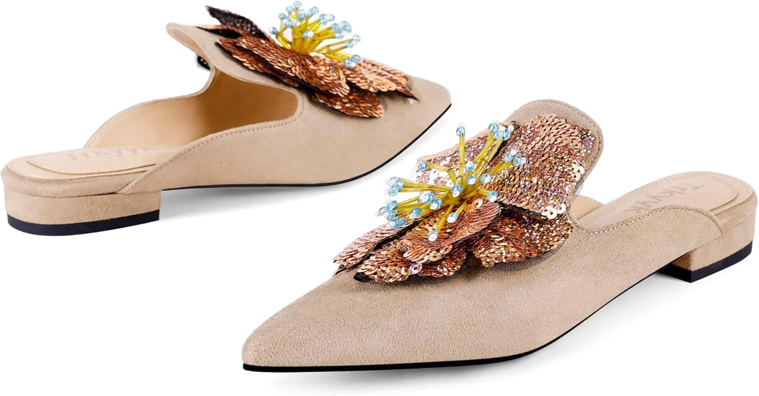 Mules for Women Pointed Toe Comfortable Flats Backless Loafers with Sequin Flower