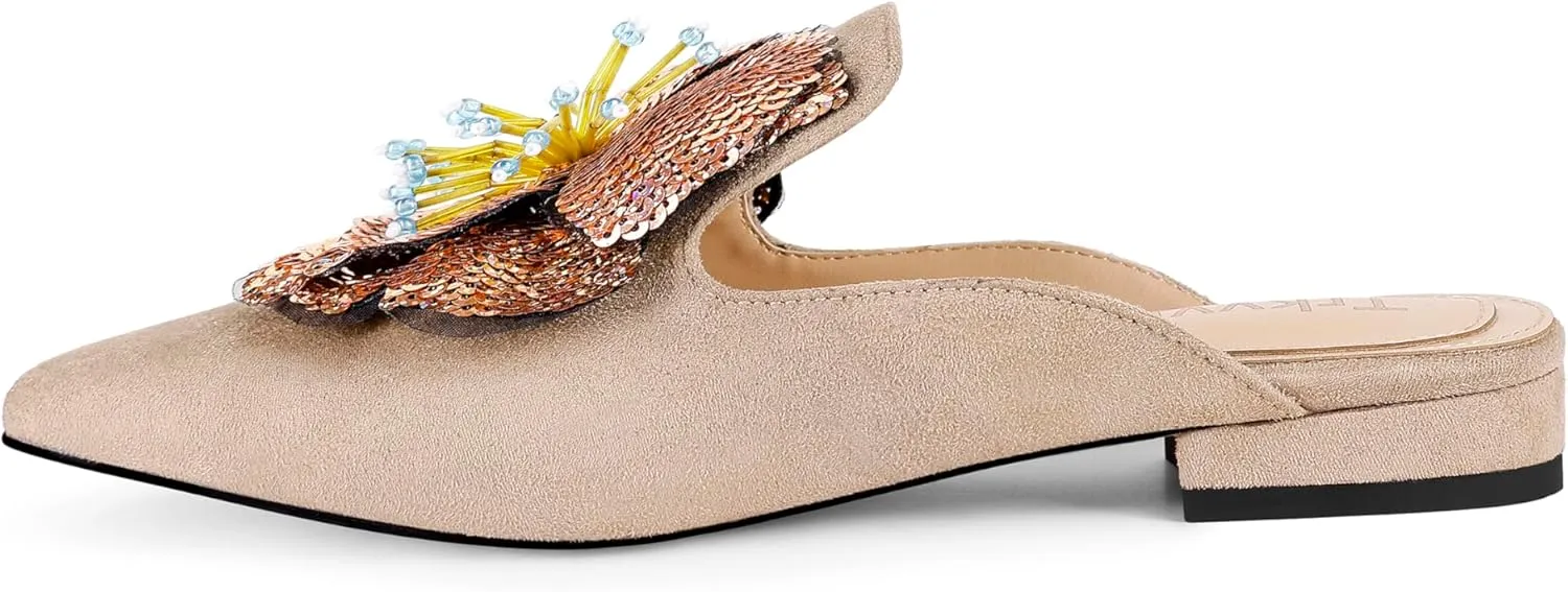 Mules for Women Pointed Toe Comfortable Flats Backless Loafers with Sequin Flower