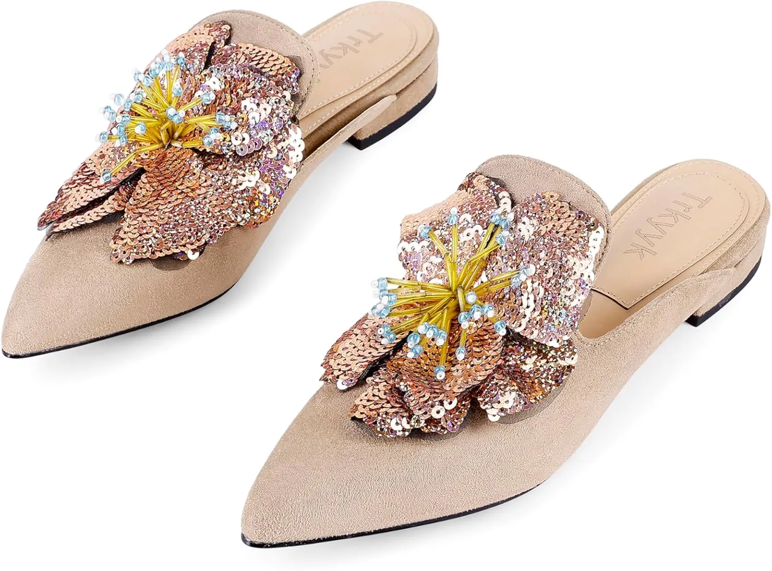 Mules for Women Pointed Toe Comfortable Flats Backless Loafers with Sequin Flower