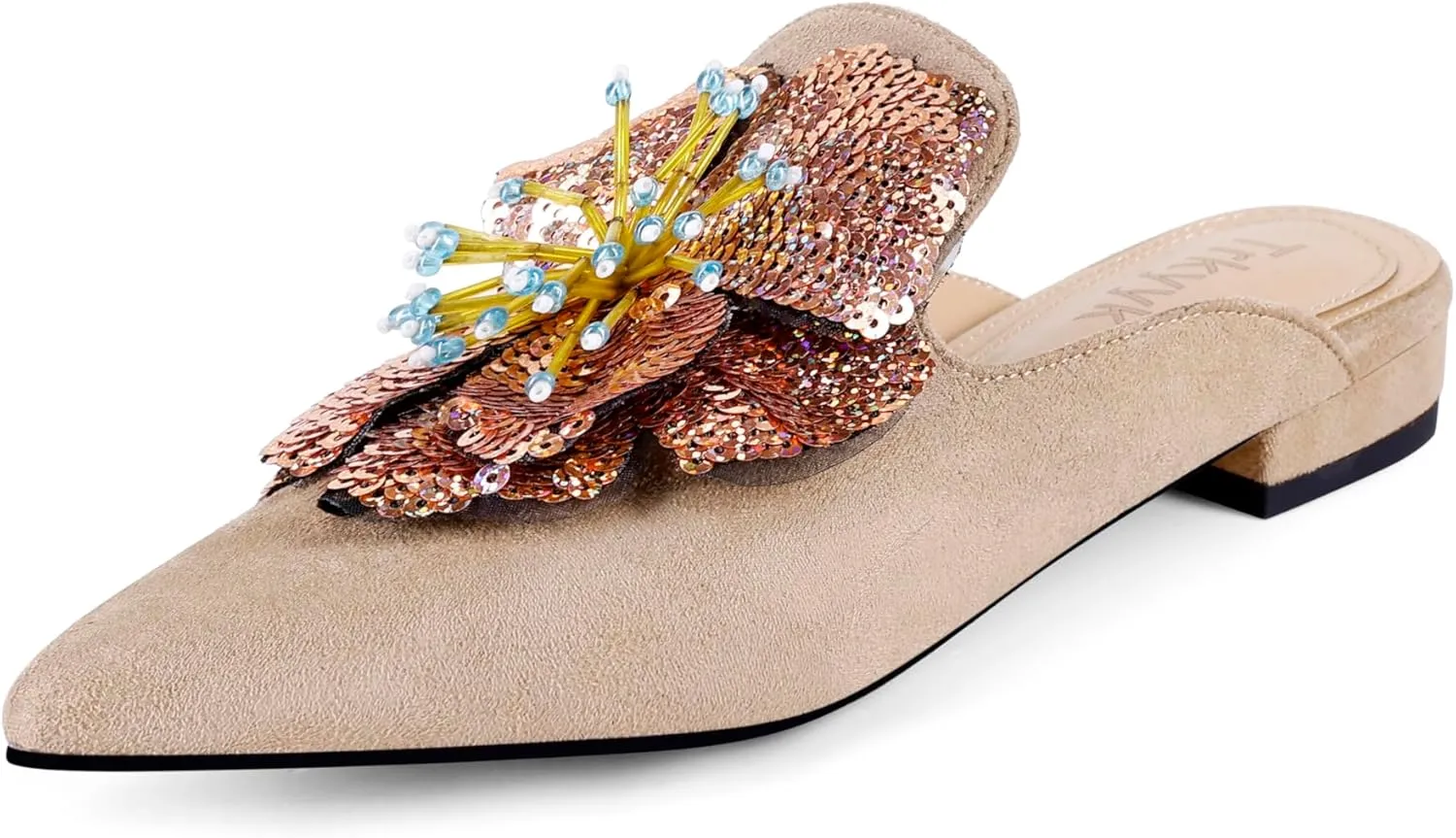 Mules for Women Pointed Toe Comfortable Flats Backless Loafers with Sequin Flower