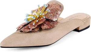 Mules for Women Pointed Toe Comfortable Flats Backless Loafers with Sequin Flower