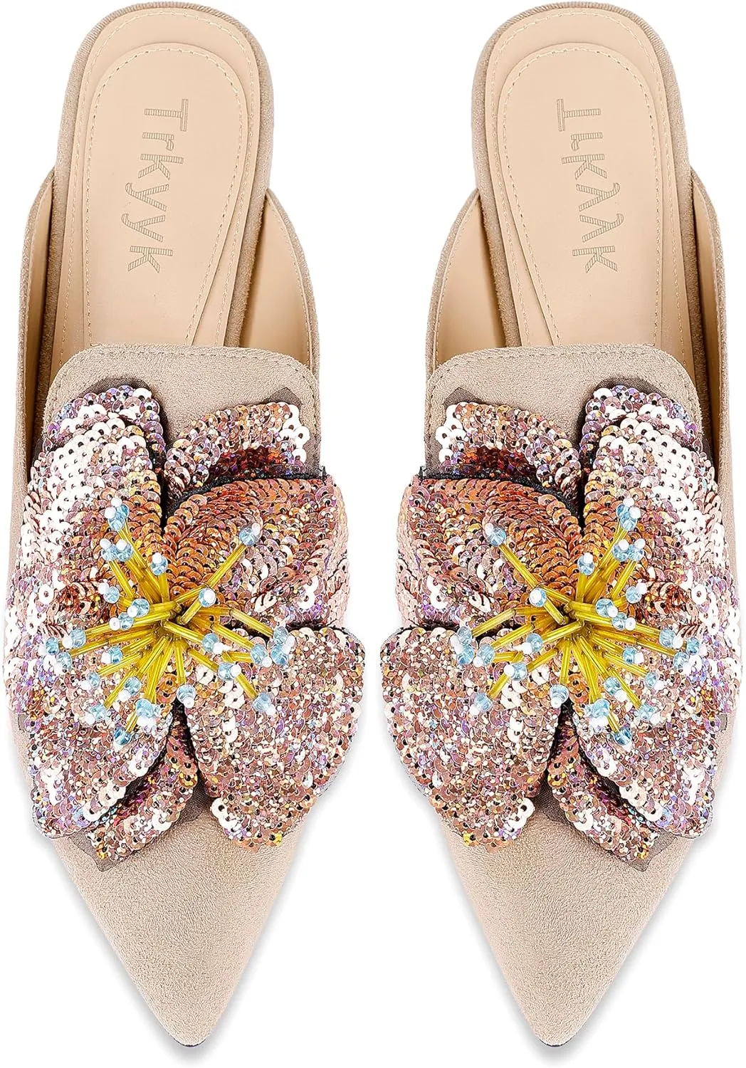 Mules for Women Pointed Toe Comfortable Flats Backless Loafers with Sequin Flower