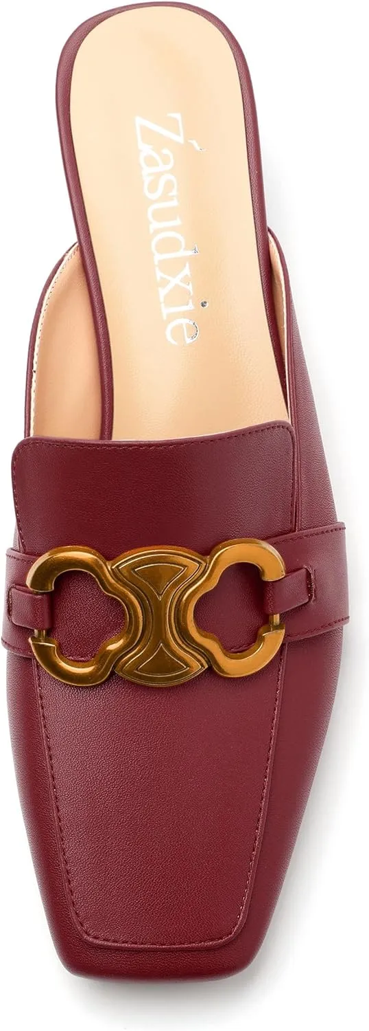 Mules Shoes for Women, Women's Chunky Mules Square Toe Slip on Comfortable Dress Casual Low Heel Metal Buckle Backless Slides Loafer Shoes 1.4 Inch