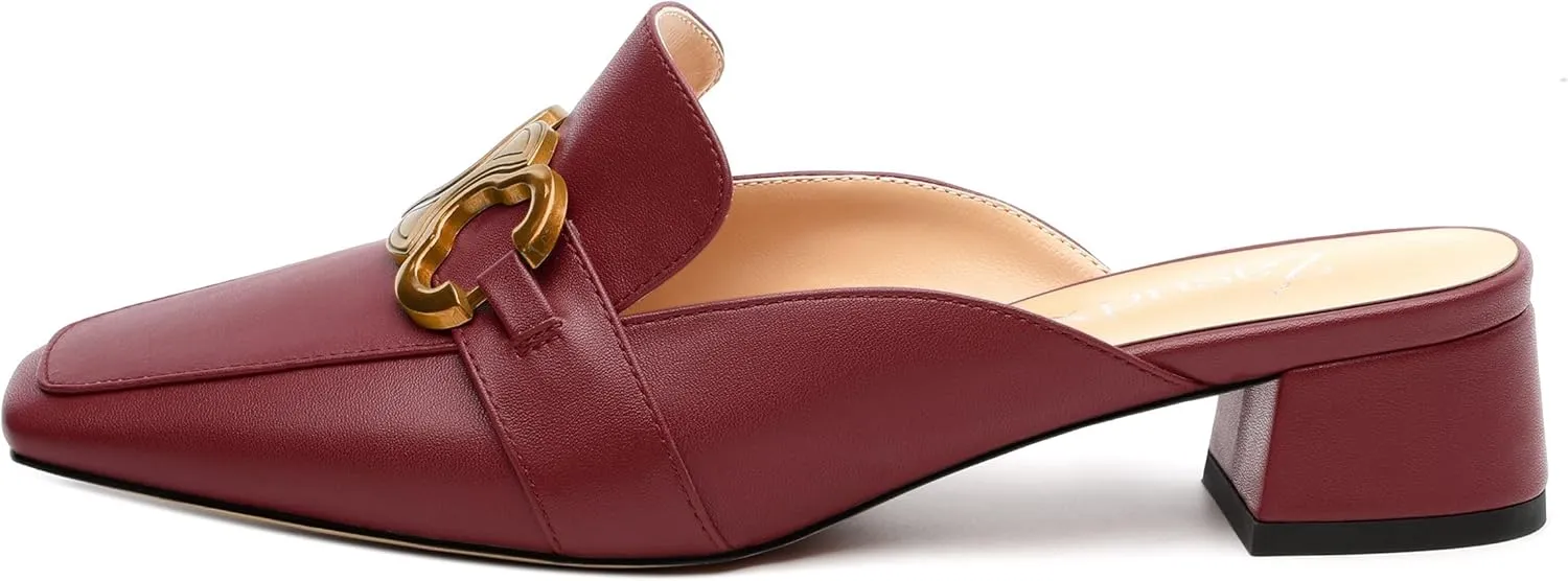 Mules Shoes for Women, Women's Chunky Mules Square Toe Slip on Comfortable Dress Casual Low Heel Metal Buckle Backless Slides Loafer Shoes 1.4 Inch