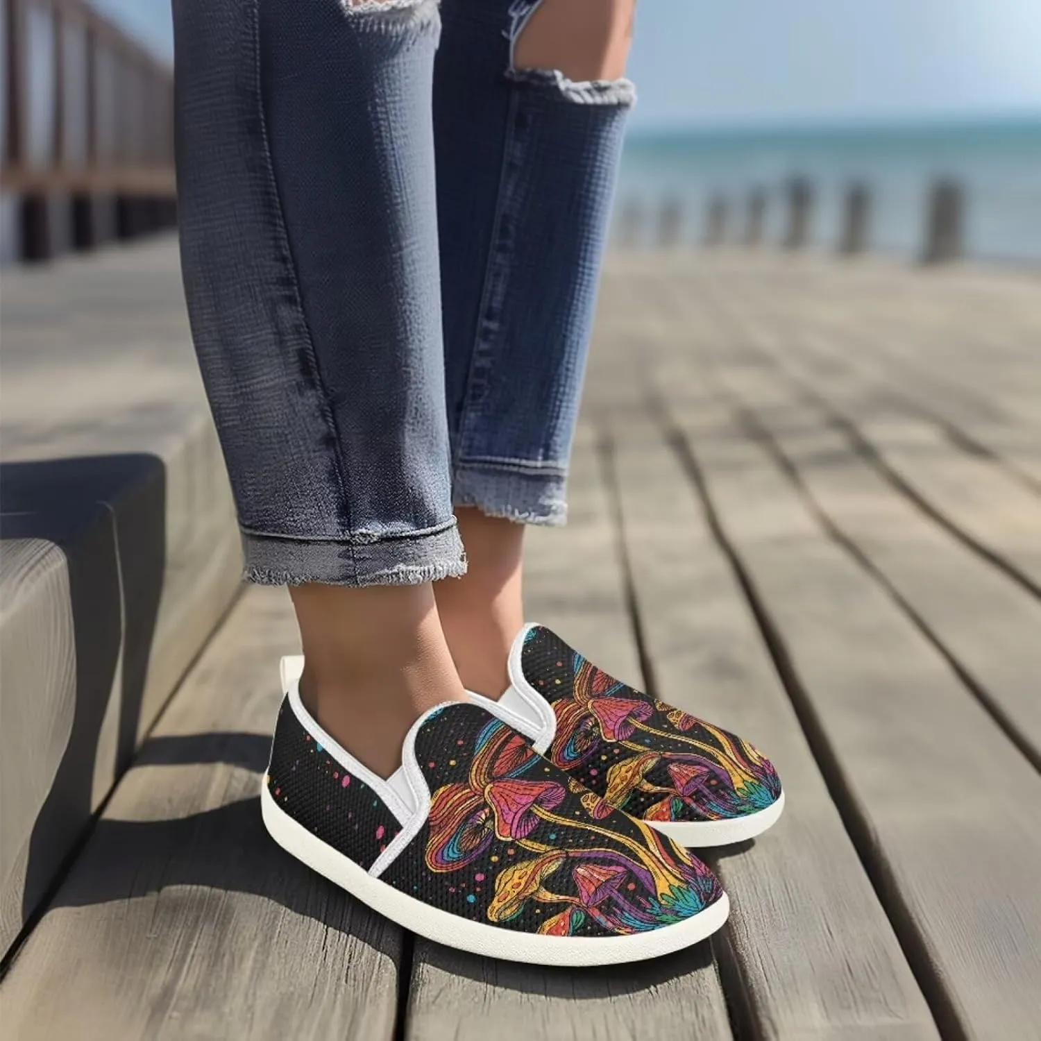 Mushroom Design Running Shoes Flats for Women Tennis Shoes Slip Resistant Work Shoes