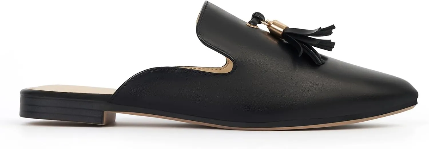 MUSSHOE Mules for Women Comfortable Pointed Toe Backless Slip-on Slides Loafer Flats with Tassels
