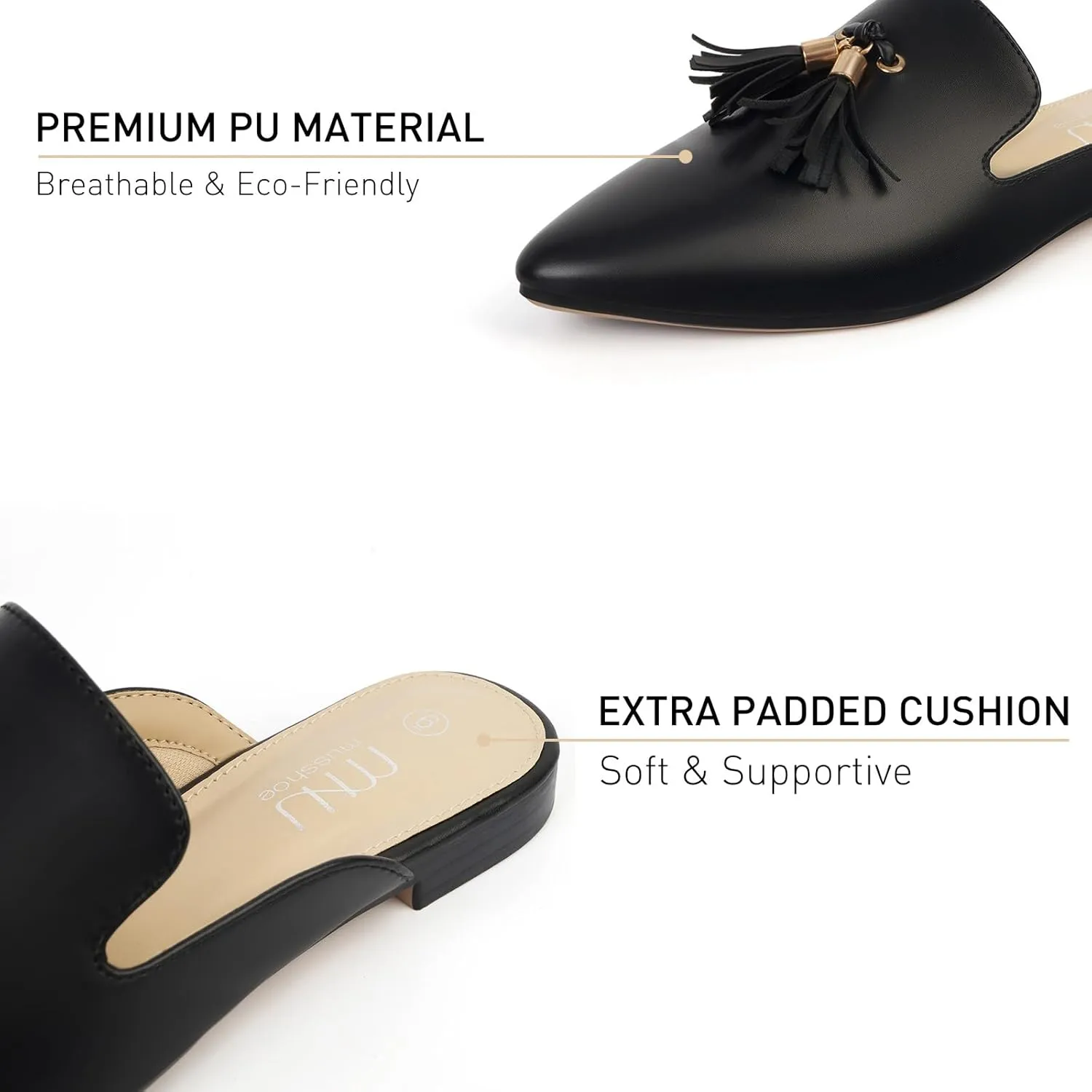 MUSSHOE Mules for Women Comfortable Pointed Toe Backless Slip-on Slides Loafer Flats with Tassels
