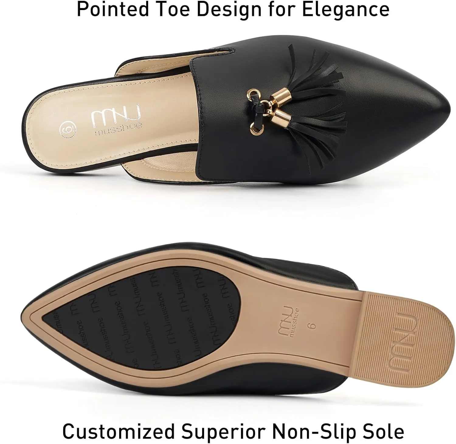MUSSHOE Mules for Women Comfortable Pointed Toe Backless Slip-on Slides Loafer Flats with Tassels