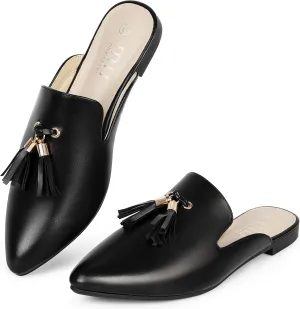 MUSSHOE Mules for Women Comfortable Pointed Toe Backless Slip-on Slides Loafer Flats with Tassels