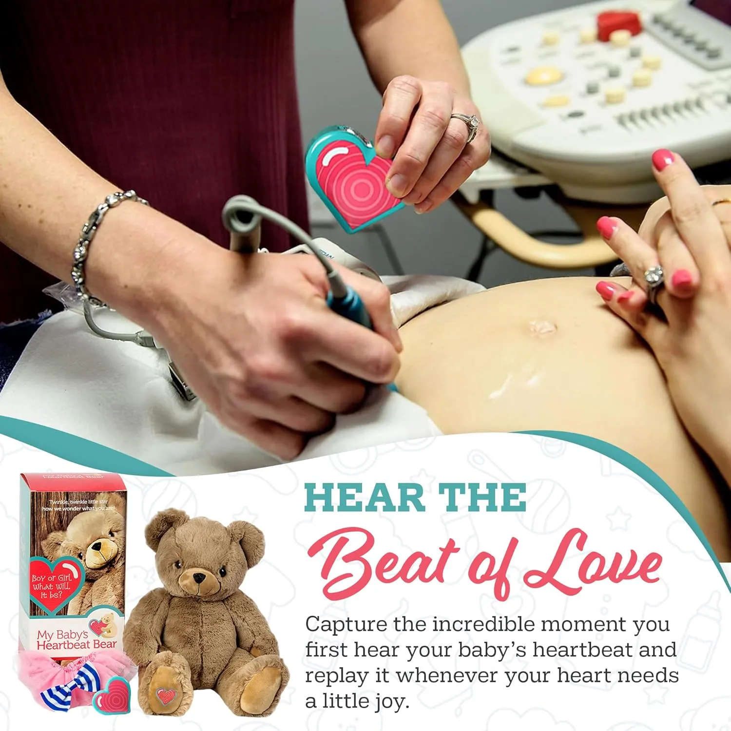 My Baby's Heartbeat Bear Stuffed Animal, 20 Sec Recorder for Baby's First Heartbeats, Cute Plush Toy, Re-recordable, Ideal Gift for Baby Showers, Valentine's Day, Birthdays, Blue Reveal Bear