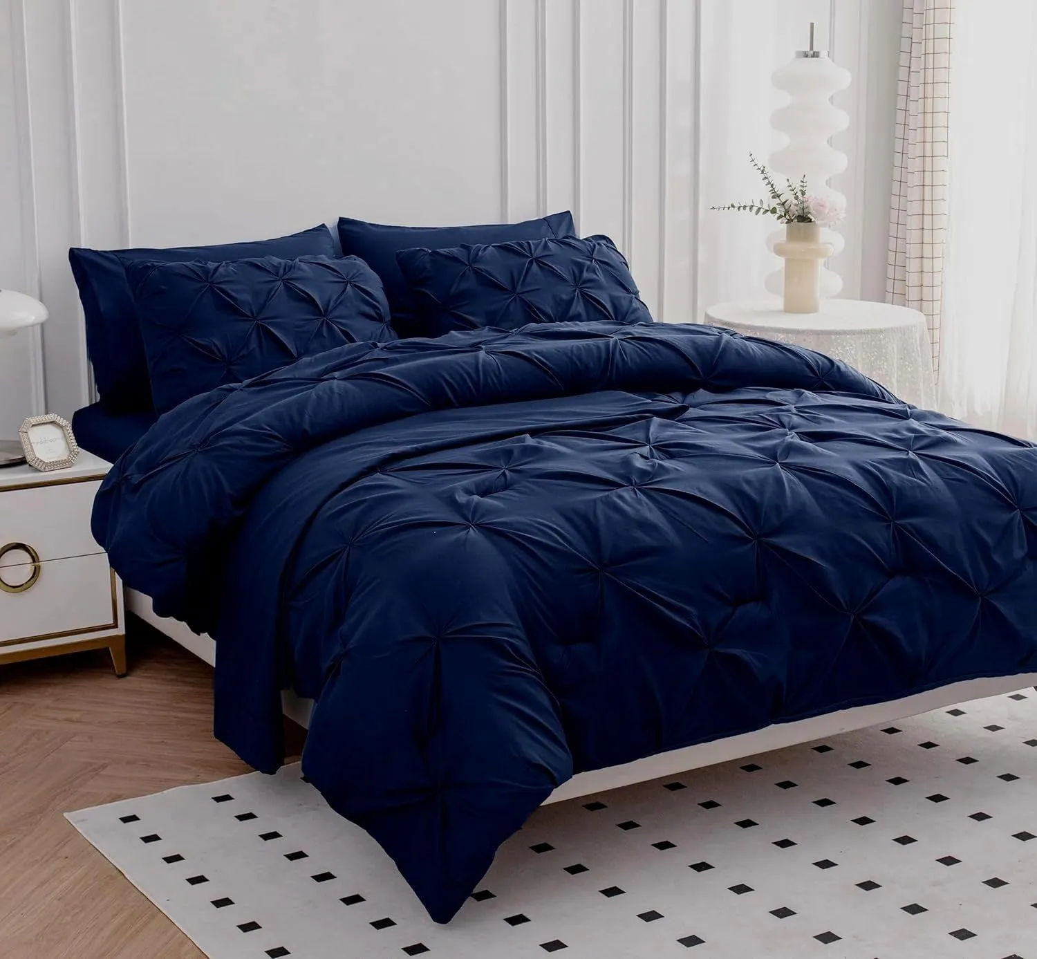 Navy Blue Emperor Comforter Set - 7 Piece Pinch Pleated Bed in a Bag - 600 Thread Count 100% Egyptian Cotton Bedding Set - (30 inch Deep Pocket Sheet Set and 500GSM Comforter)