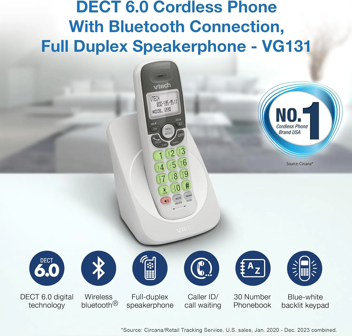 [New] VTech VG131 DECT 6.0 Cordless Phone - Bluetooth Connection, Blue-White Display, Big Buttons, Full Duplex Speakerphone, Caller ID,Easy Wall Mount, 1000ft Range (White/Grey)