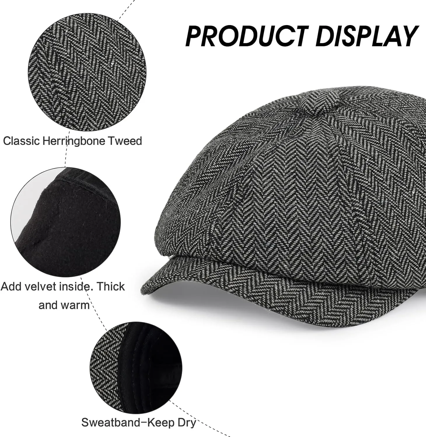 Newsboy Cap for Men Cotton 8 Panel Men's Flat Cap Herringbone Tweed CabbieHat