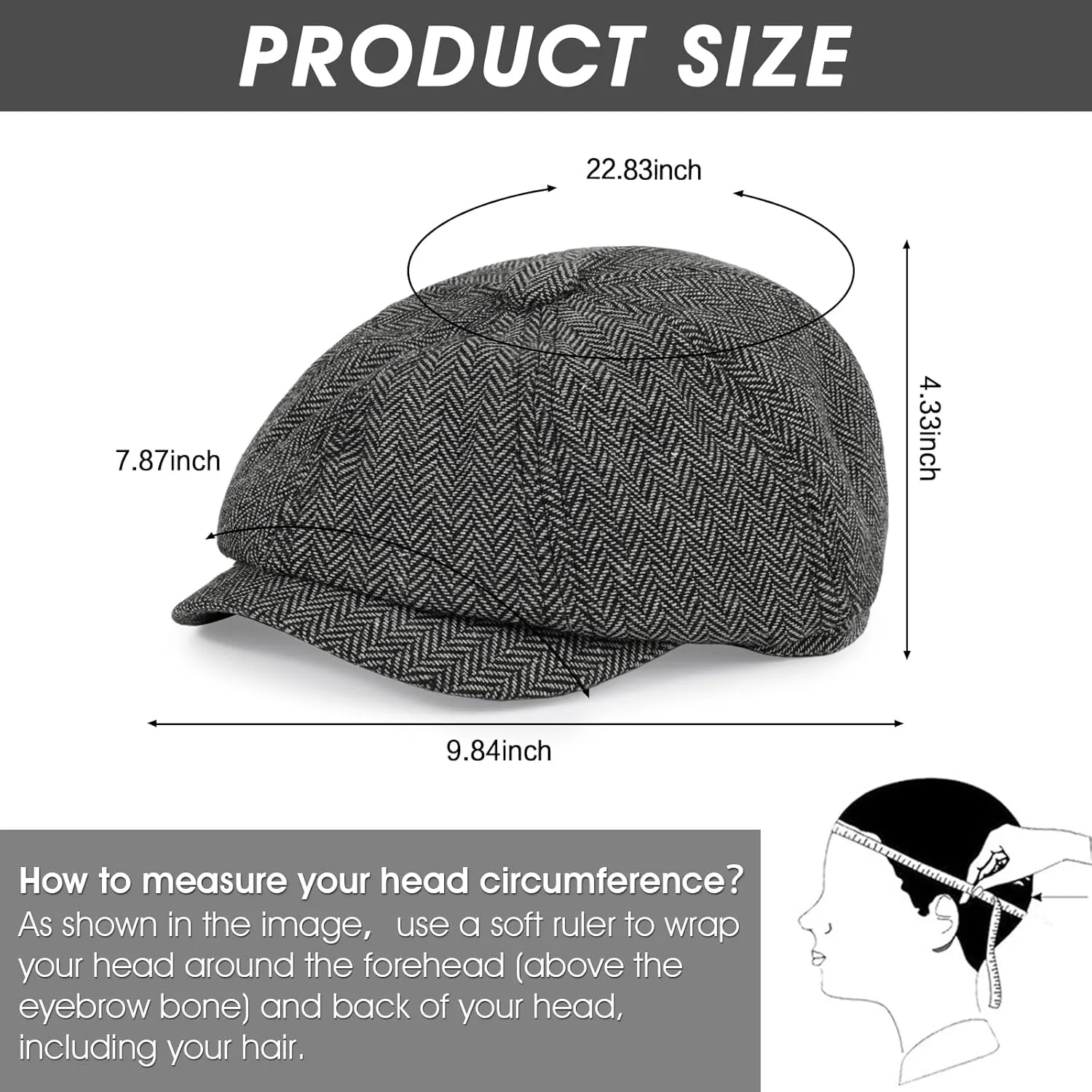 Newsboy Cap for Men Cotton 8 Panel Men's Flat Cap Herringbone Tweed CabbieHat