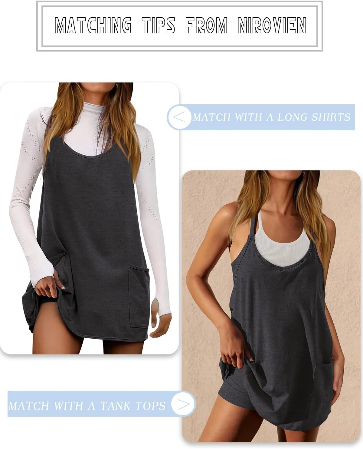 Nirovien Womens Tennis Dress Workout Mini Dress with Shorts Sleeveless Spaghetti Straps Golf Athletic Dresses