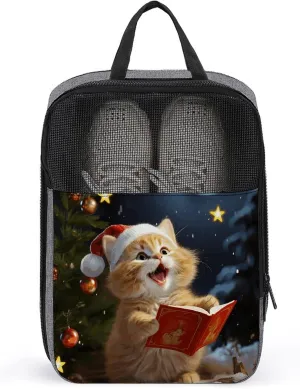 Non-woven Shoe Bag,Cute Cat Sing Christmas Carols Print Handheld Shoe Bag,travel Shoe Bag for Packing,shoe Travel Storage Bag