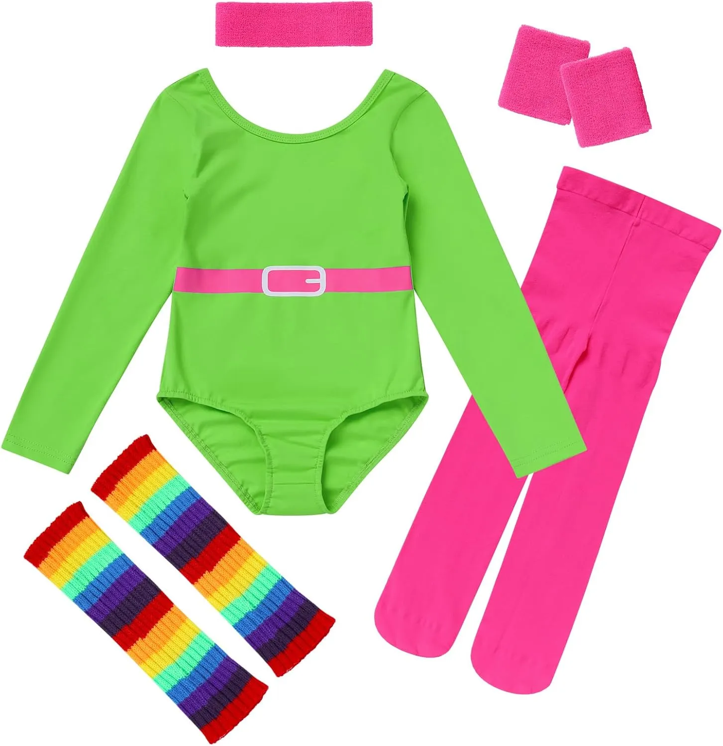 ODASDO 80s Workout Outfit For Girls Halloween Costume Retro 1980s Party Cosplay Fitness Leotard Leg Warmers Headband Set 5PCS