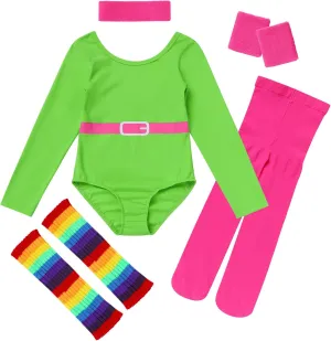 ODASDO 80s Workout Outfit For Girls Halloween Costume Retro 1980s Party Cosplay Fitness Leotard Leg Warmers Headband Set 5PCS