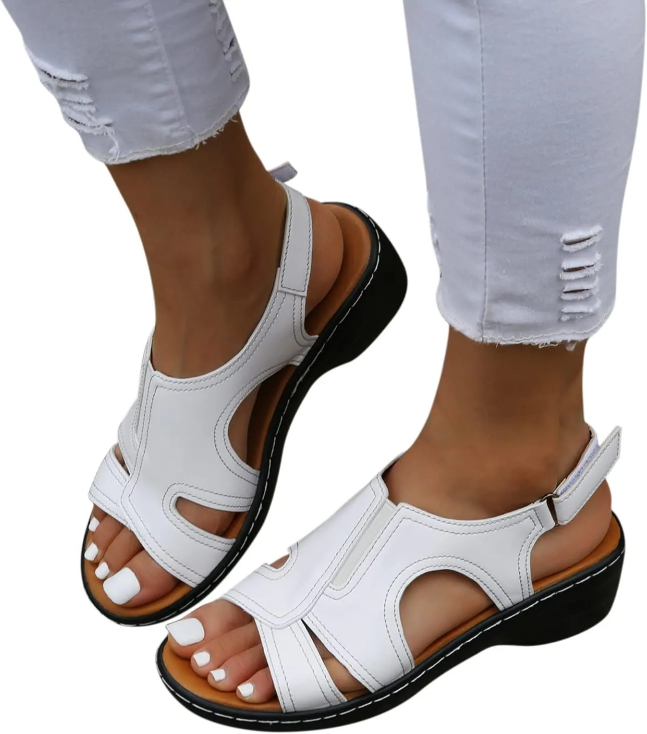 oiangi Wedge Sandals for Women Casual Summer Fish Mouth Open Toe Quilted Hook and Loop Hollow Slipper Lightweight Comfortable Outdoor Ladies Shoes