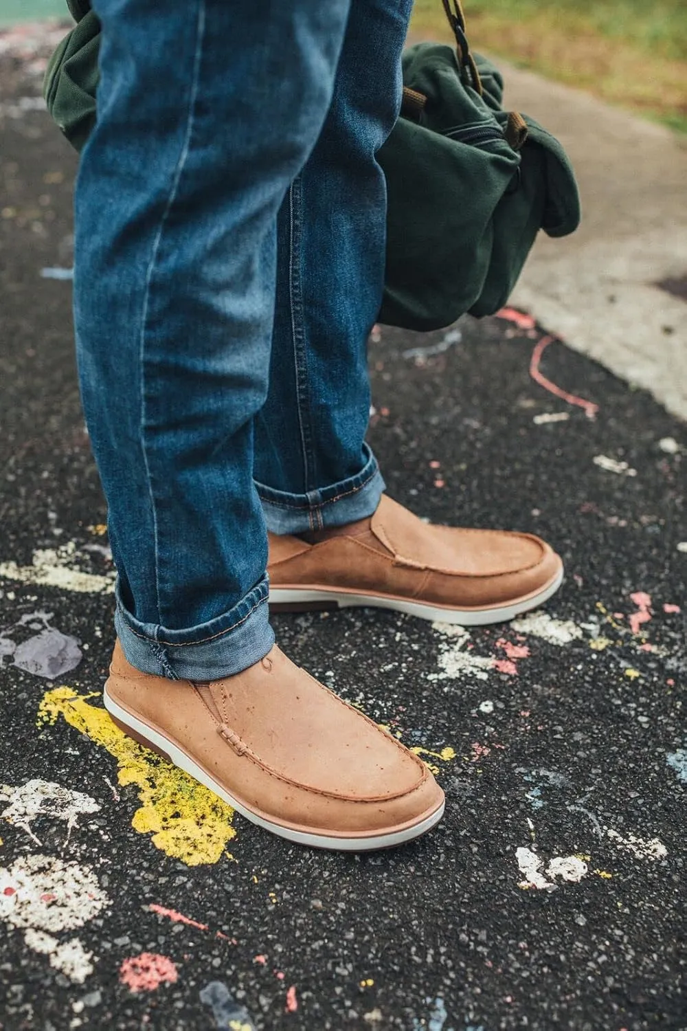 OLUKAI Kalia Men's Leather Slip-On, Full-Grain Waxed Nubuck Leather Shoes, Lightweight & Comfortable