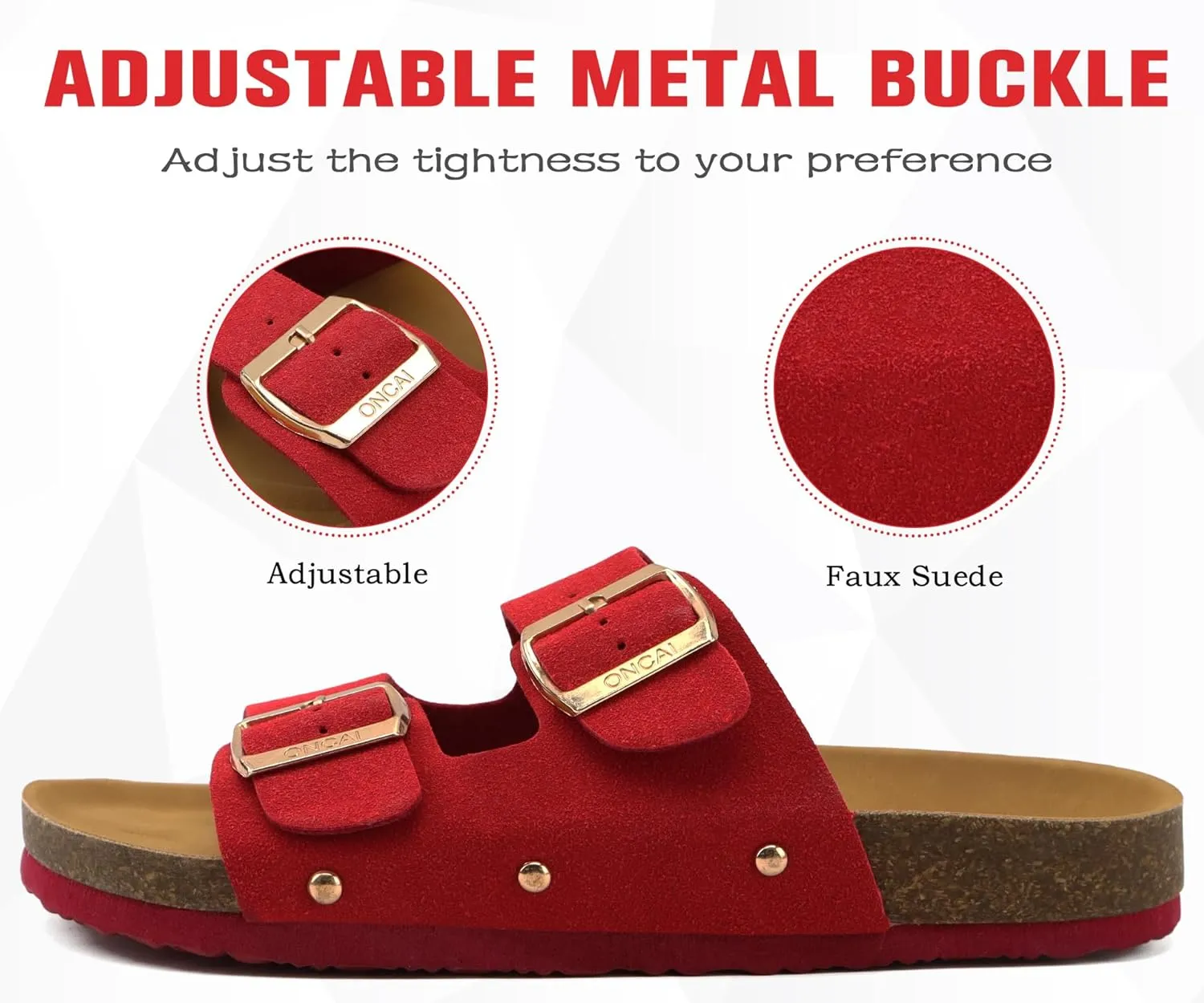 ONCAI Womens Flat Slide Sandals with Arch Support 2 Strap Adjustable Buckle Slip on Slides Shoes Non Slip Rubber Sole