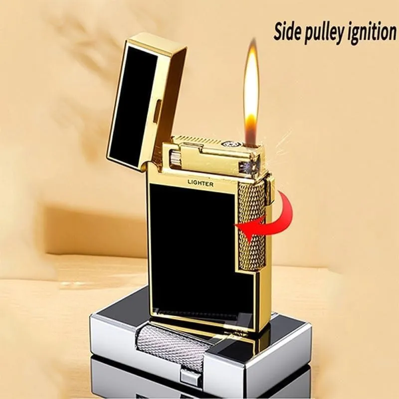Open Flame Soft Flame lighter, Dual Flame Butane Lighter, Windproof Jet Flame, Flint Side Slide Igniter Torch lighters Butane refillable Metal Lighter Cool Lighter Gift for Men Husband Father(Silver3)