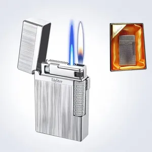 Open Flame Soft Flame lighter, Dual Flame Butane Lighter, Windproof Jet Flame, Flint Side Slide Igniter Torch lighters Butane refillable Metal Lighter Cool Lighter Gift for Men Husband Father(Silver3)