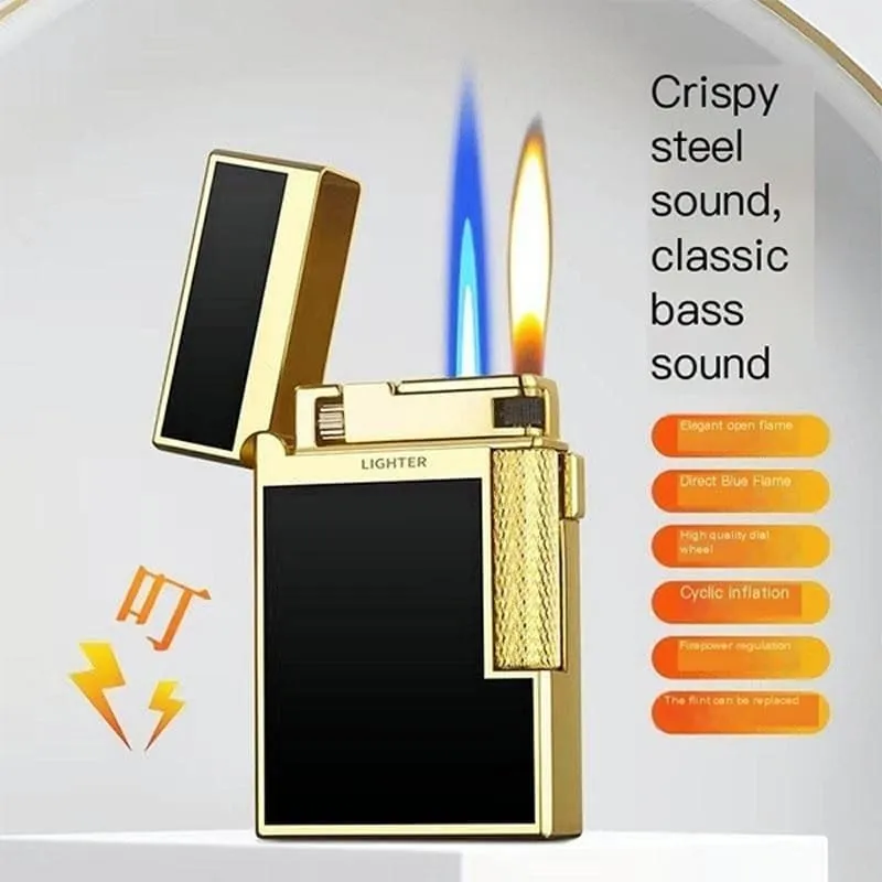 Open Flame Soft Flame lighter, Dual Flame Butane Lighter, Windproof Jet Flame, Flint Side Slide Igniter Torch lighters Butane refillable Metal Lighter Cool Lighter Gift for Men Husband Father(Silver3)