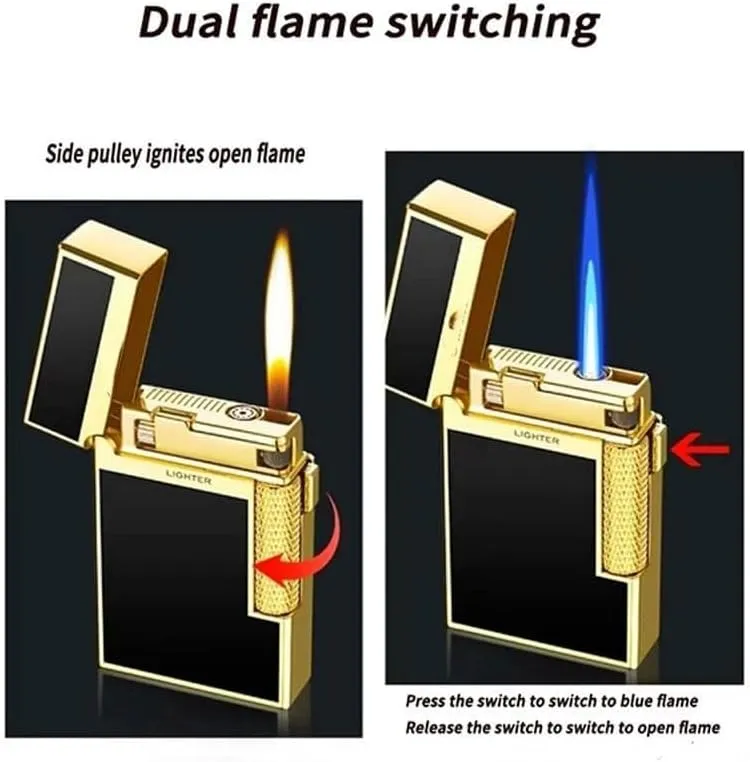 Open Flame Soft Flame lighter, Dual Flame Butane Lighter, Windproof Jet Flame, Flint Side Slide Igniter Torch lighters Butane refillable Metal Lighter Cool Lighter Gift for Men Husband Father(Silver3)