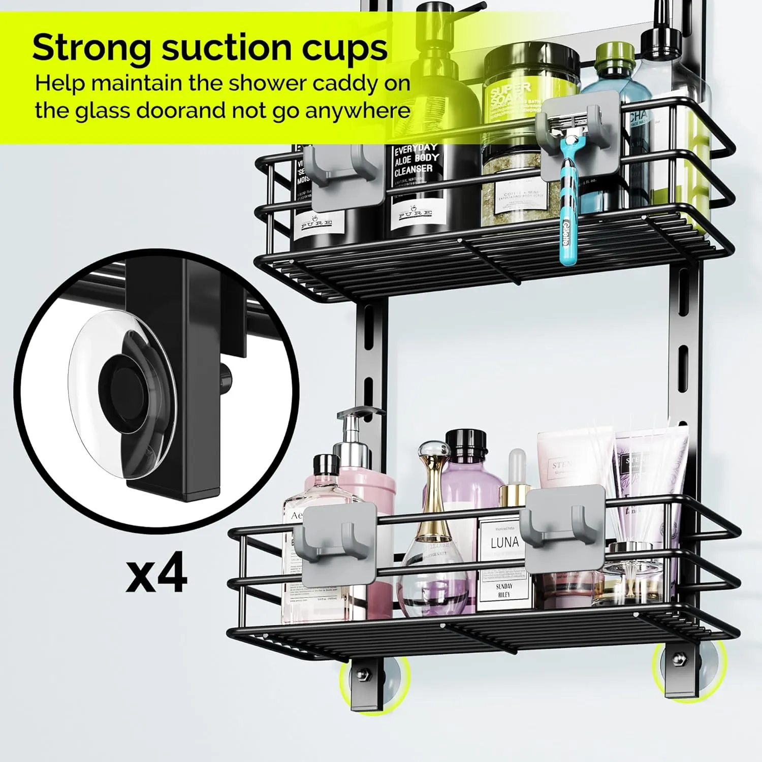 Orimade Over The Door Shower Caddy Adjustable 4 Tier Black,Bathroom Hanging Organizer Shelf Rustproof with 4 Hooks,Shower Basket with Soap Holder and Suction Cup