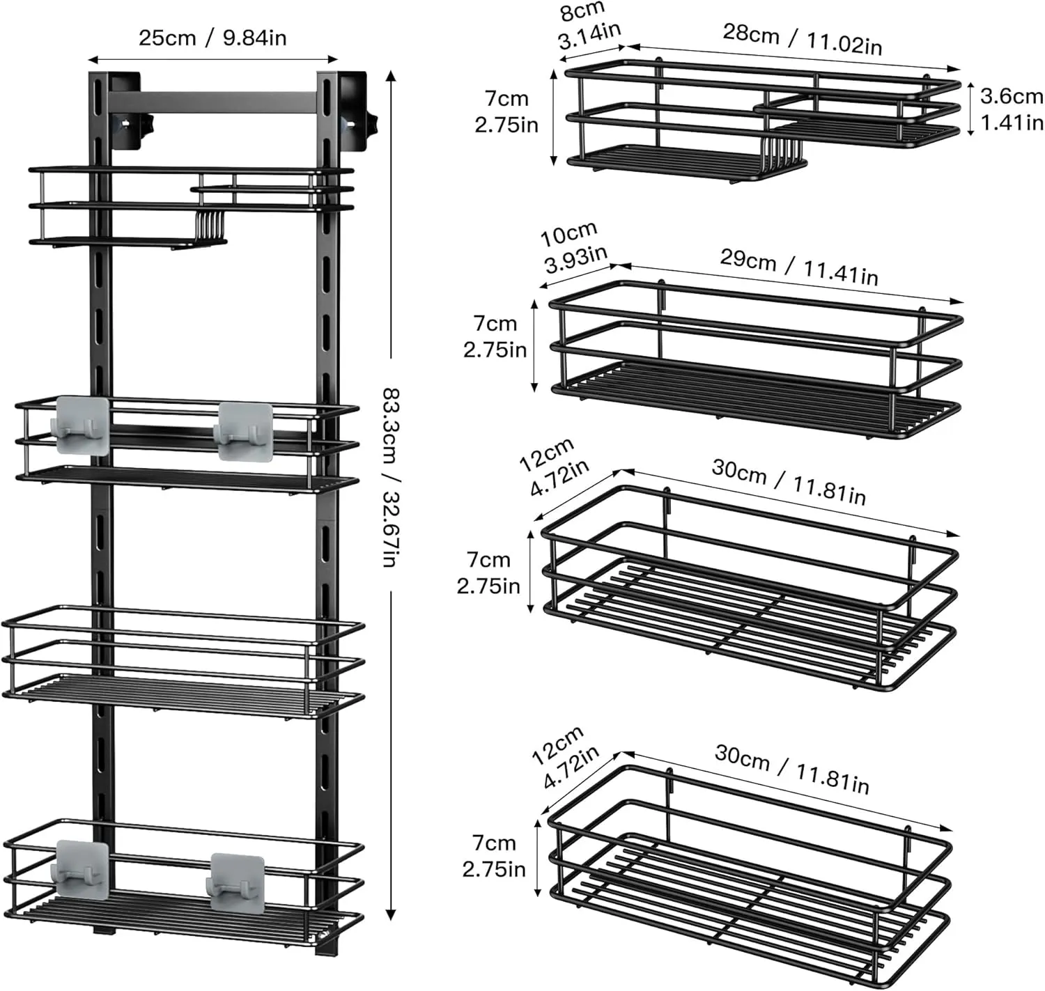 Orimade Over The Door Shower Caddy Adjustable 4 Tier Black,Bathroom Hanging Organizer Shelf Rustproof with 4 Hooks,Shower Basket with Soap Holder and Suction Cup