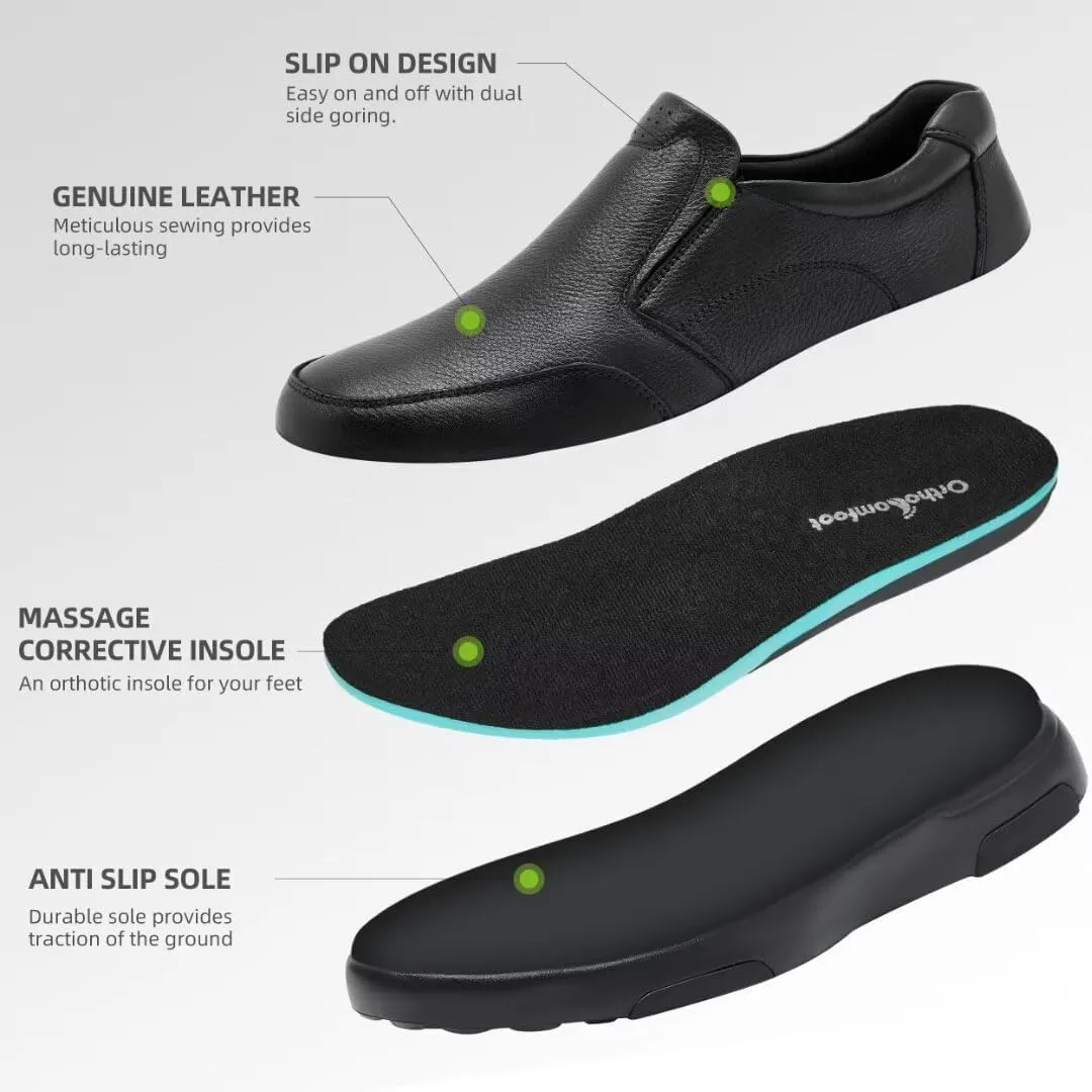 OrthoComfoot Men's Orthopedic Leather Dress Walking Shoes: Comfortable Plantar Fasciitis Oxfords with Arch Support, Business Diabetic Slip-On Loafers for Foot and Heel Pain Relief