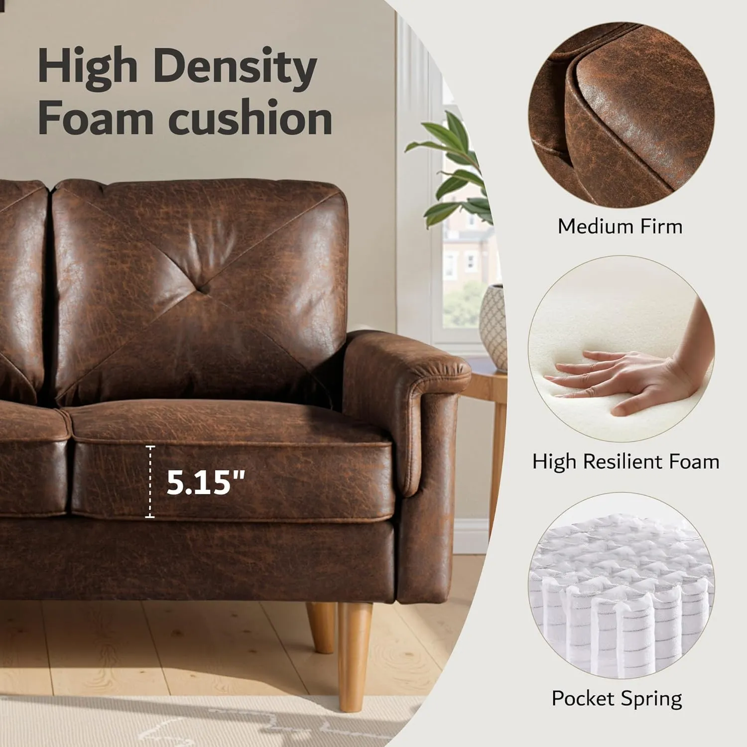ovios Mid-Century Modern 3 Seater Sofa with Faux Leather, Luxury Couch with Comfortable Armrest,Comfy Couches with Deep Seat,Small Sofas for Living Room Bedroom, Dark Brown