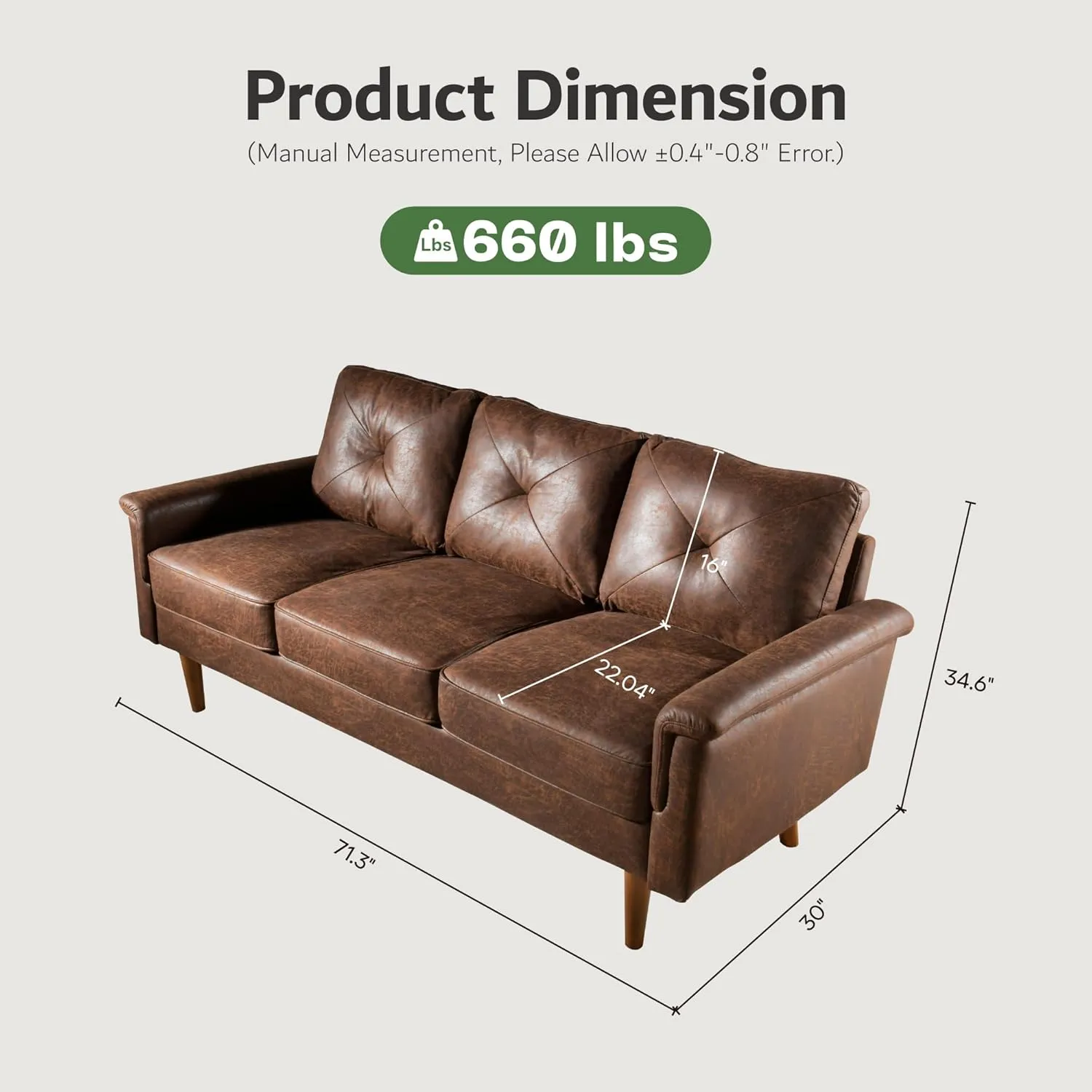 ovios Mid-Century Modern 3 Seater Sofa with Faux Leather, Luxury Couch with Comfortable Armrest,Comfy Couches with Deep Seat,Small Sofas for Living Room Bedroom, Dark Brown