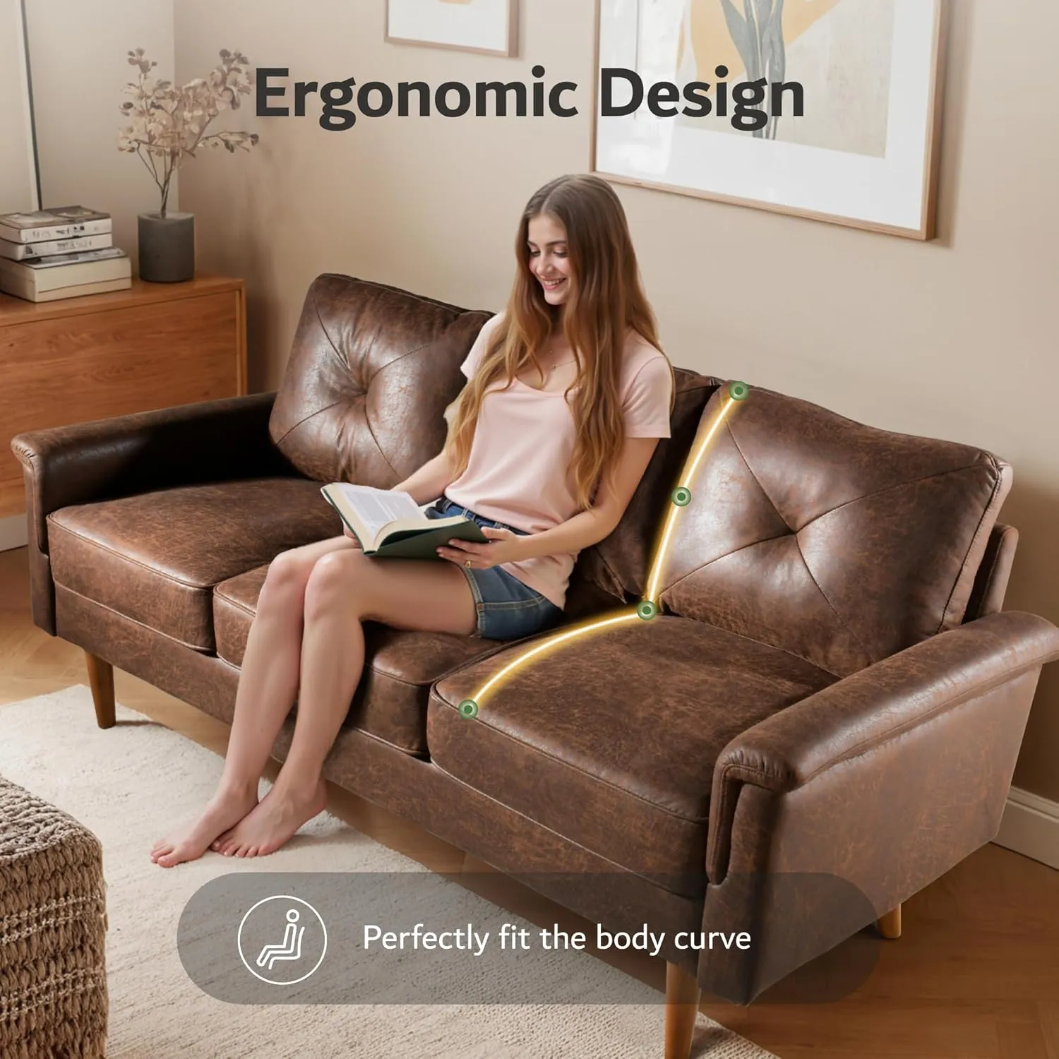 ovios Mid-Century Modern 3 Seater Sofa with Faux Leather, Luxury Couch with Comfortable Armrest,Comfy Couches with Deep Seat,Small Sofas for Living Room Bedroom, Dark Brown