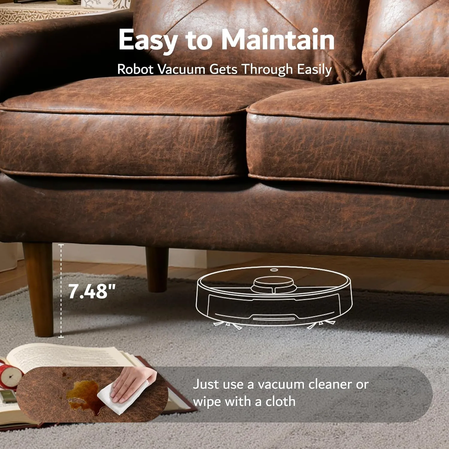 ovios Mid-Century Modern 3 Seater Sofa with Faux Leather, Luxury Couch with Comfortable Armrest,Comfy Couches with Deep Seat,Small Sofas for Living Room Bedroom, Dark Brown