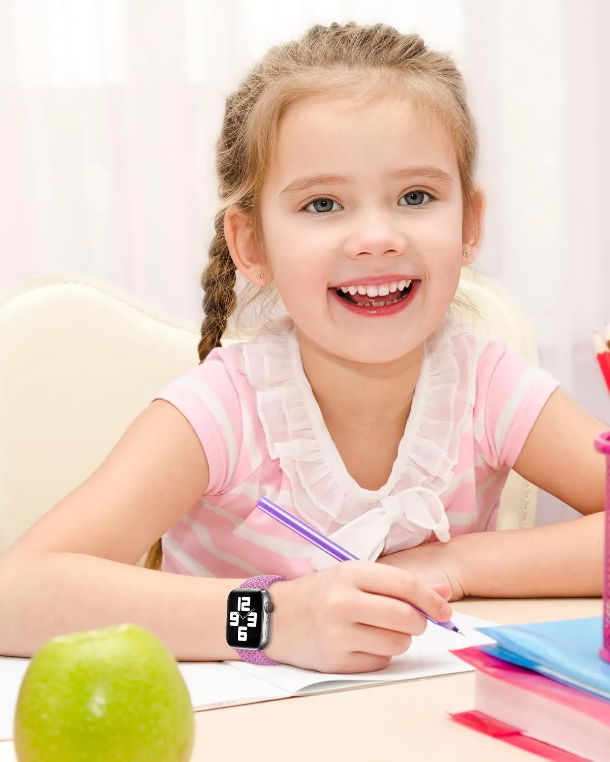 OWKEY Braided Solo Loop Compatible with Kids Apple Watch Band, Stretchy Breathable Strap with Easy Buckle for iWatch Series 9 8 7 6 5 4 3 SE SE2 Girls Boys Small Wrists