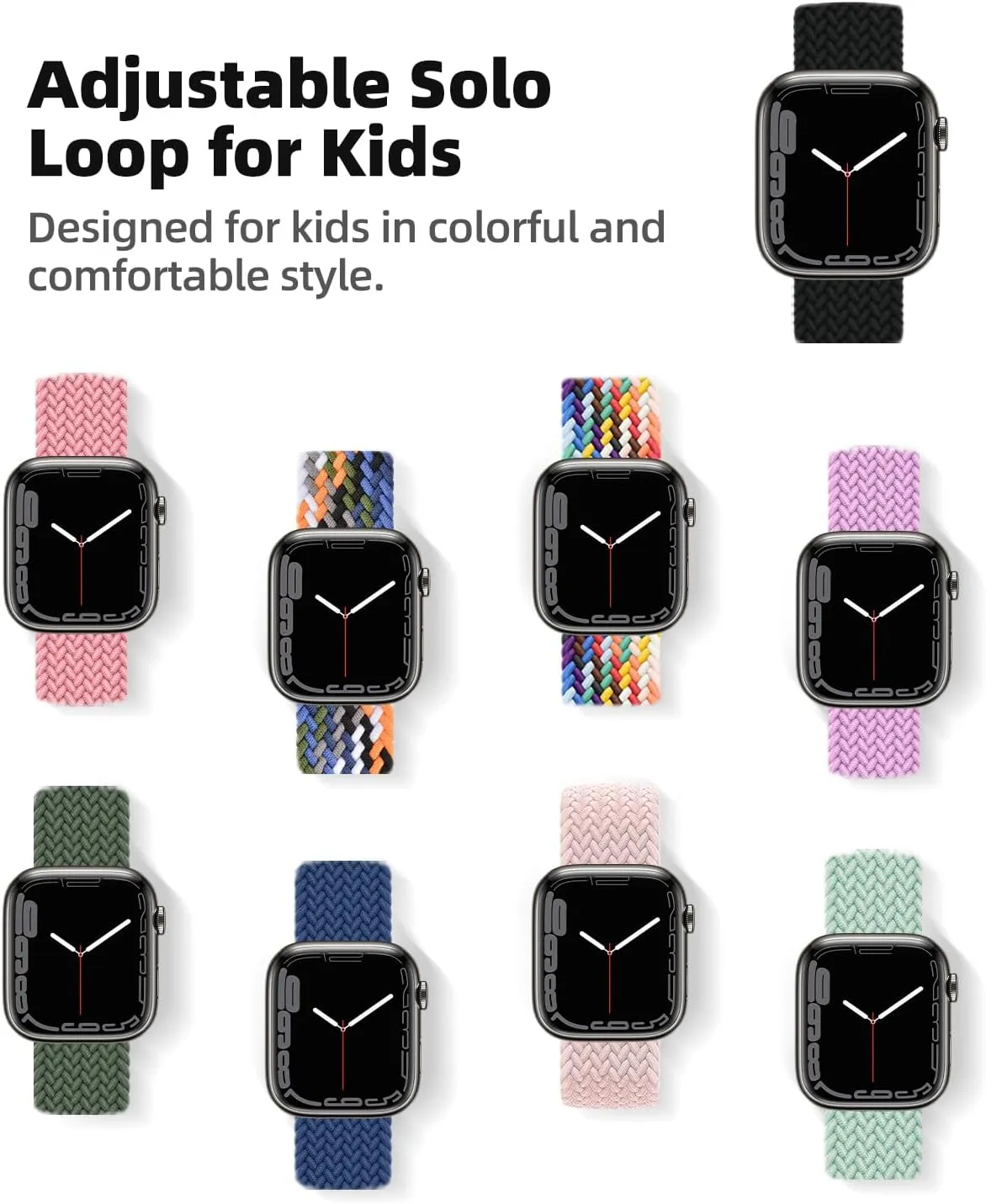 OWKEY Braided Solo Loop Compatible with Kids Apple Watch Band, Stretchy Breathable Strap with Easy Buckle for iWatch Series 9 8 7 6 5 4 3 SE SE2 Girls Boys Small Wrists